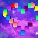 Kolorowe klocki w kształcie serca na tle fioletowego kosmosu z planetami