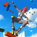 Kobieta z czerwonymi włosami skacze w powietrzu wśród unoszących się bloków na tle błękitnego nieba z chmurami