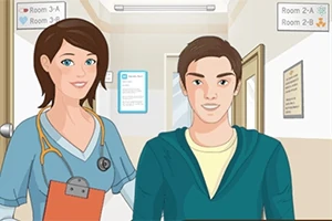 Młoda kobieta w mundurze pielęgniarki i młody mężczyzna stoją w korytarzu szpitalnym