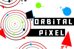 Kolorowe okręgi i różnobarwne kształty geometryczne na białym tle z napisem Orbital Pixel