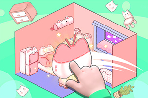 Ilustracja przedstawia komiksowy pokój dziecinny z pastelowymi meblami i pluszowymi zabawkami, w którym ręka wybiera przedmiot w kształcie jabłka