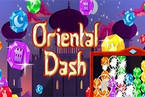 Ilustracja z kolorowymi klejnotami i napisem Oriental Dash na tle orientalnej architektury