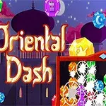 Ilustracja z kolorowymi klejnotami i napisem Oriental Dash na tle orientalnej architektury