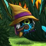 Postać w kapeluszu z różdżką i latający rycerz z groźnym wyrazem w animowanym, kolorowym lesie