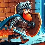 Rycerz z czerwonym zarostem i mieczem w ręku biegnie w stronę niebieskich drzwi w zamkowej scenerii