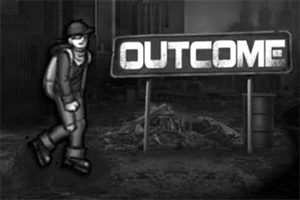 Postać w kapturze idąca obok szyldu z napisem OUTCOME na tle zrujnowanego miasta