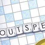 Litery układające słowo OUTSPELL na planszy do gry w krzyżówki z niebieskimi polami punktowymi