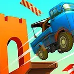 Nieznany mi niebieski samochód ciężarowy skaczący przez nieukończony most z pomarańczowymi elementami w tle