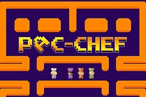 Fioletowe tło z pomarańczowym labiryntem i czterema postaciami kucharzy w dolnej części, logo PQC-CHEF u góry