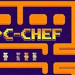 Fioletowe tło z pomarańczowym labiryntem i czterema postaciami kucharzy w dolnej części, logo PQC-CHEF u góry