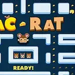 Plansza z labiryntem w stylu retro z napisem Pac-Rat i rysunkiem myszy na środku