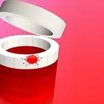 Otwarty biało-czerwony pojemnik z unoszącym się wieczkiem oraz czerwoną kulką na różowym tle