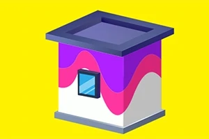 Prostokątny budynek z płaskim dachem, fioletowymi i różowymi falistymi ścianami oraz niebieskim oknem, na żółtym tle