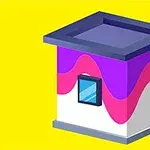 Prostokątny budynek z płaskim dachem, fioletowymi i różowymi falistymi ścianami oraz niebieskim oknem, na żółtym tle