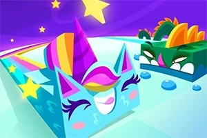 Kolorowe postacie przypominające jednorożca i dinozaura, będące na torze tęczy z gwiazdami na fioletowym tle