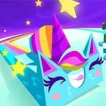 Kolorowe postacie przypominające jednorożca i dinozaura, będące na torze tęczy z gwiazdami na fioletowym tle