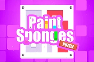 Na fioletowym tle widoczny jest napis Paint Sponges Puzzle z kolorowymi elementami w środku