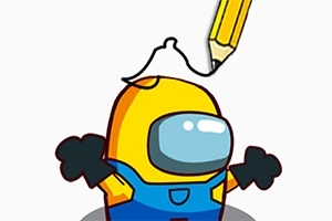 Żółty, kreskówkowy astronauta w niebieskim kombinezonie z dużym wizjerem, nad którym znajduje się ołówek rysujący jego kształt