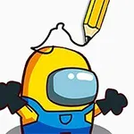 Żółty, kreskówkowy astronauta w niebieskim kombinezonie z dużym wizjerem, nad którym znajduje się ołówek rysujący jego kształt