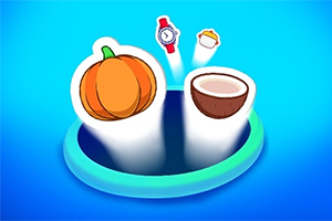 Ilustracja przedstawia pomarańczową dynię i połówkę kokosa unoszące się nad niebiesko-zielonym okręgiem, z zegarkiem i babeczką w tle