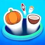 Ilustracja przedstawia pomarańczową dynię i połówkę kokosa unoszące się nad niebiesko-zielonym okręgiem, z zegarkiem i babeczką w tle