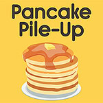 Stos naleśników polanych syropem z kawałkiem masła na żółtym tle