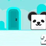 Dwa urocze kwadratowe zwierzęta, różowa świnka i biało-czarna panda, stoją przed niebieskimi drzwiami z zamkiem na tle nieba