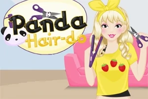 Blondynka w żółtej koszulce z truskawkami, trzymająca nożyczki i prostownicę do włosów, z żółtą kokardą na głowie, na tle różowej sofy i napisu Panda Hair-do