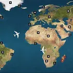Mapa świata z ikonami samolotów i czarnych krzyżyków w różnych lokalizacjach