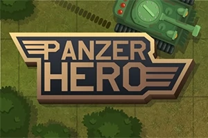 Zielony czołg w rogu obrazka obok napisu Panzer Hero na tle trawiastego terenu z drzewami
