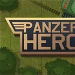 Zielony czołg w rogu obrazka obok napisu Panzer Hero na tle trawiastego terenu z drzewami