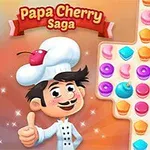 Kreskówkowy kucharz w czapce z wisienką pokazujący kciuk w górę obok planszy z kolorowymi żelkami i ciastkami