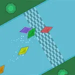 Kolorowe romby ślizgające się po niebieskim torze z zielonym otoczeniem i szachownicą na końcu