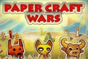 Napis Paper Craft Wars na tle krajobrazu z górami i papierowymi postaciami zwierząt, w tym psa, kota i byka