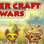 Napis Paper Craft Wars na tle krajobrazu z górami i papierowymi postaciami zwierząt, w tym psa, kota i byka