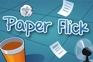Na niebieskim tle znajduje się tytuł Paper Flick, zmięta kartka papieru, unoszące się dwie kartki, kubek oraz wentylator