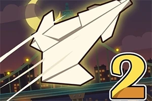 Papierowy samolot lecący nad miastem nocą z numerem 2 w rogu