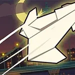 Papierowy samolot lecący nad miastem nocą z numerem 2 w rogu