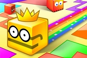 Kolorowe klocki o różnych wzorach i kolorach, z których jeden ma na sobie koronę, poruszające się po tęczowej ścieżce na geometrycznym tle