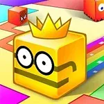 Kolorowe klocki o różnych wzorach i kolorach, z których jeden ma na sobie koronę, poruszające się po tęczowej ścieżce na geometrycznym tle