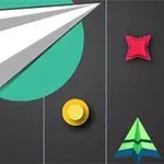 Papierowy samolot na tle okręgu, z żółtymi monetami i kolorowymi kształtami na czarnym tle