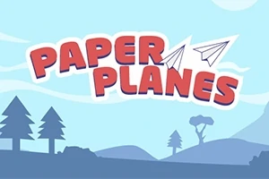Napis PAPER PLANES w czerwonym kolorze z rysunkami papierowych samolotów na tle niebieskiego krajobrazu z drzewami