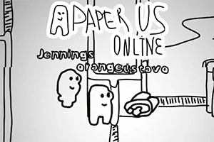Dwie ręcznie rysowane postacie w stylu komiksowym z napisami Jennings i orangesusgavo oraz tytułem Paper Us Online w tle