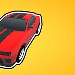 Czerwony samochód z dwoma czarnymi pasami na masce na żółtym tle