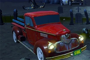 Czerwony, retro pick-up zaparkowany na cmentarzu w nocy, otoczony nagrobkami