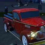 Czerwony, retro pick-up zaparkowany na cmentarzu w nocy, otoczony nagrobkami