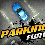 Niebieski i czerwony samochód zaparkowane na parkingu z widocznym napisem Parking Fury