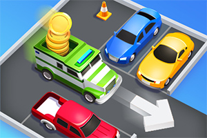 Samochody zaparkowane na parkingu, w tym ciężarówka z monetami na dachu, z kolorowym słupkiem ostrzegawczym i strzałką na asfalcie