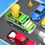 Samochody zaparkowane na parkingu, w tym ciężarówka z monetami na dachu, z kolorowym słupkiem ostrzegawczym i strzałką na asfalcie