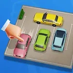 Cztery samochody na parkingu, w tym różowy, zielony i niebieski, oraz wskazujący je palec